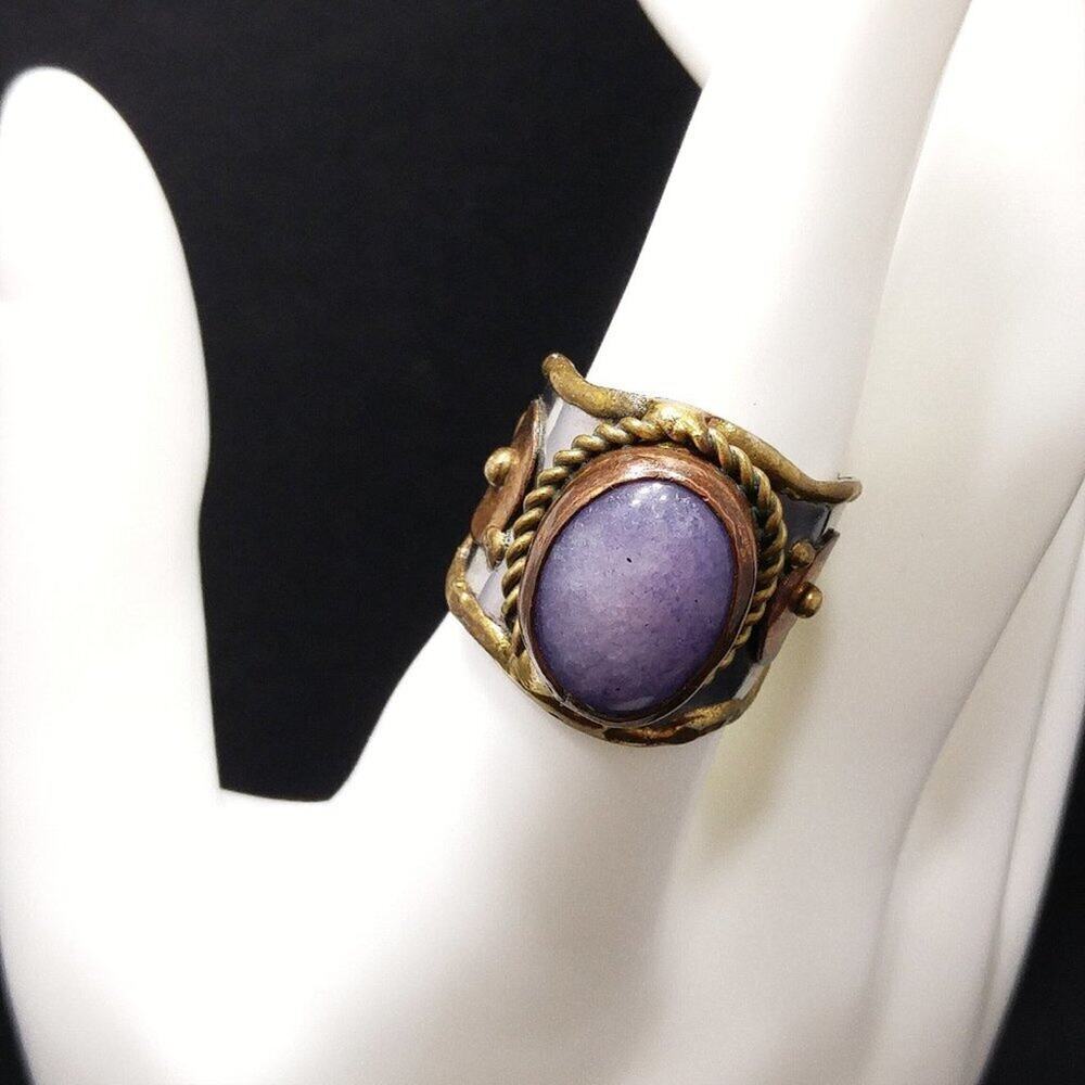 Anju Mixed Metal Amethyst Ring Boho Cuff Adjustable Size 8.5